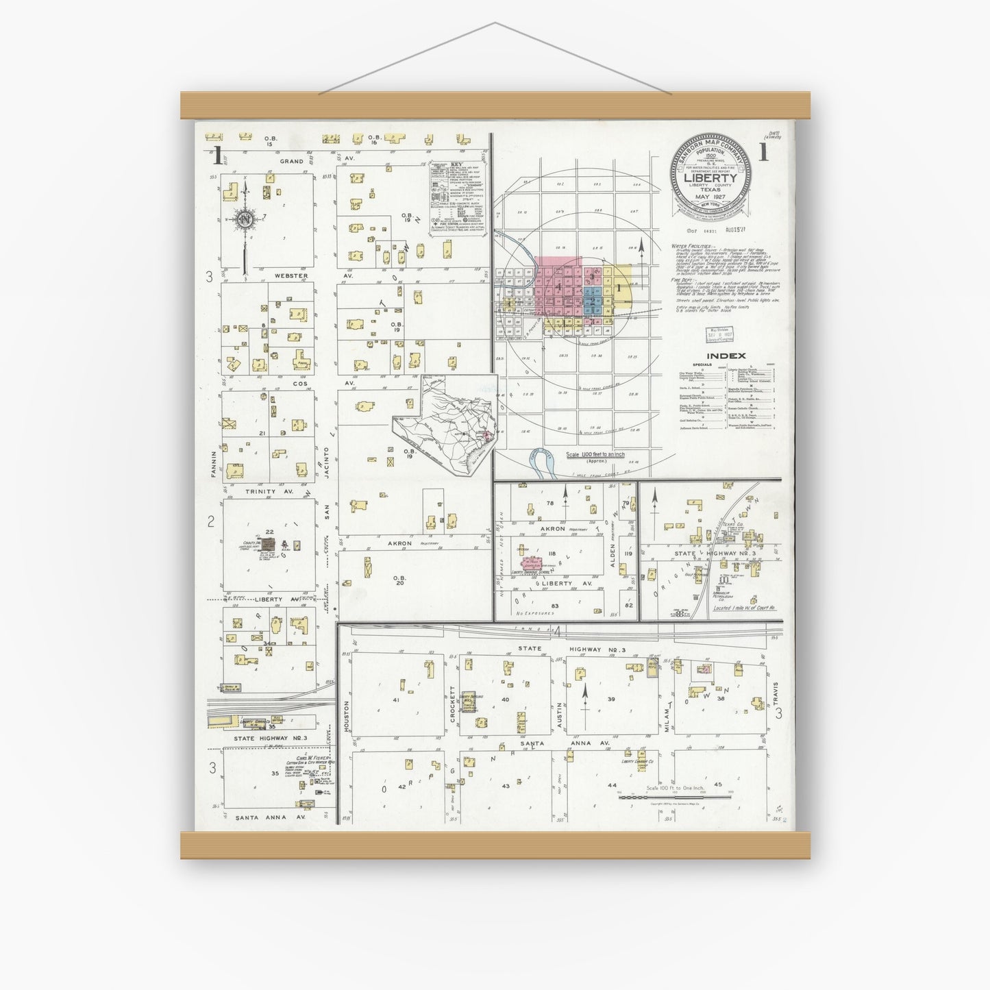 Old map wall art mockup — magnetic wood frame on white wall — Sanborn Fire Insurance Map from Liberty, Liberty County, Texas (1927) - Complete Map Set