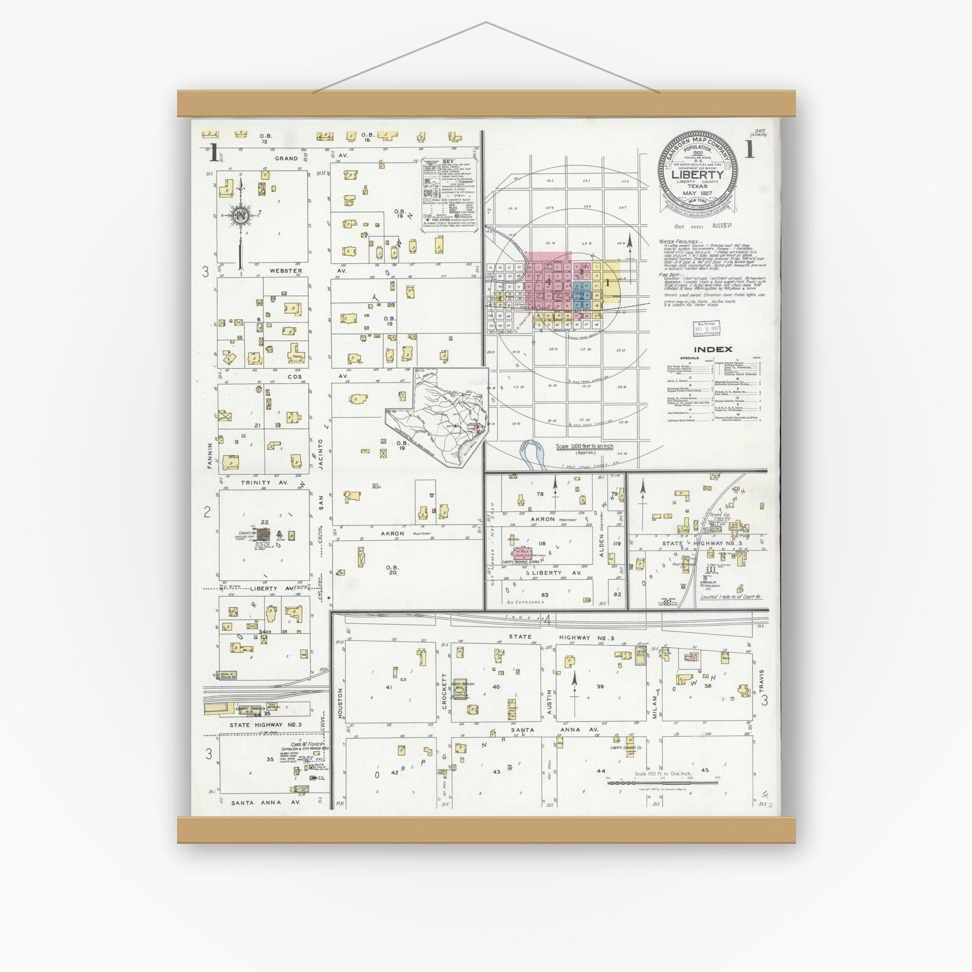 Old map wall art mockup — magnetic wood frame on white wall — Sanborn Fire Insurance Map from Liberty, Liberty County, Texas (1927) - Complete Map Set