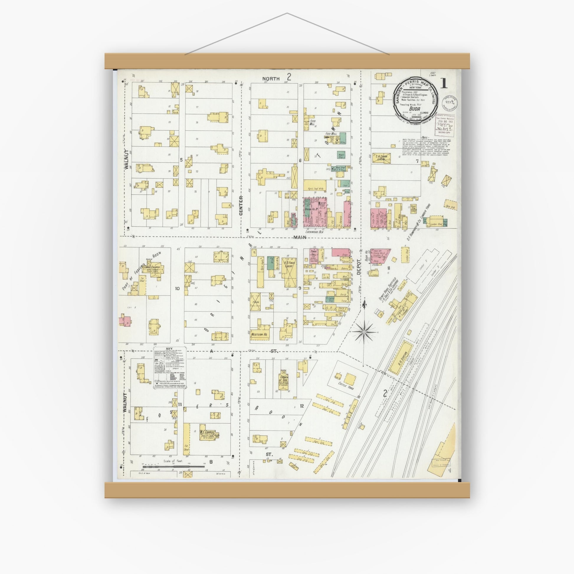 Old map wall art mockup — magnetic wood frame on white wall — Sanborn Fire Insurance Map from Buda, Bureau County, Illinois (1901) - Complete Map Set
