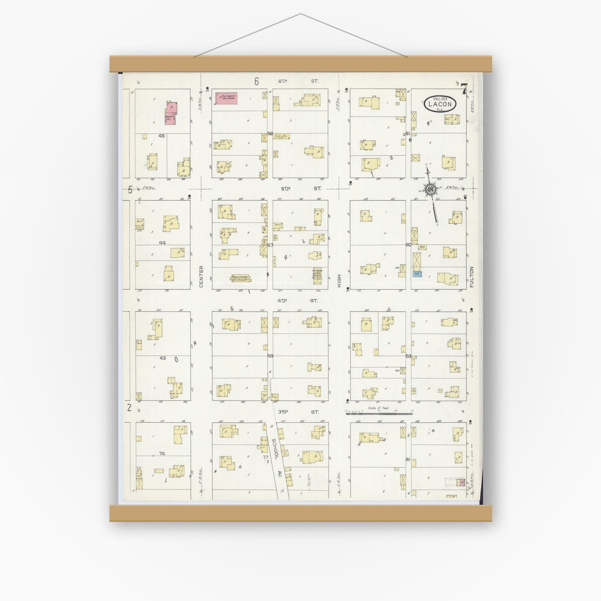 Old map wall art mockup — magnetic wood frame on white wall — Sanborn Fire Insurance Map from Lacon, Marshall County, Illinois (1913), Sheet #0007