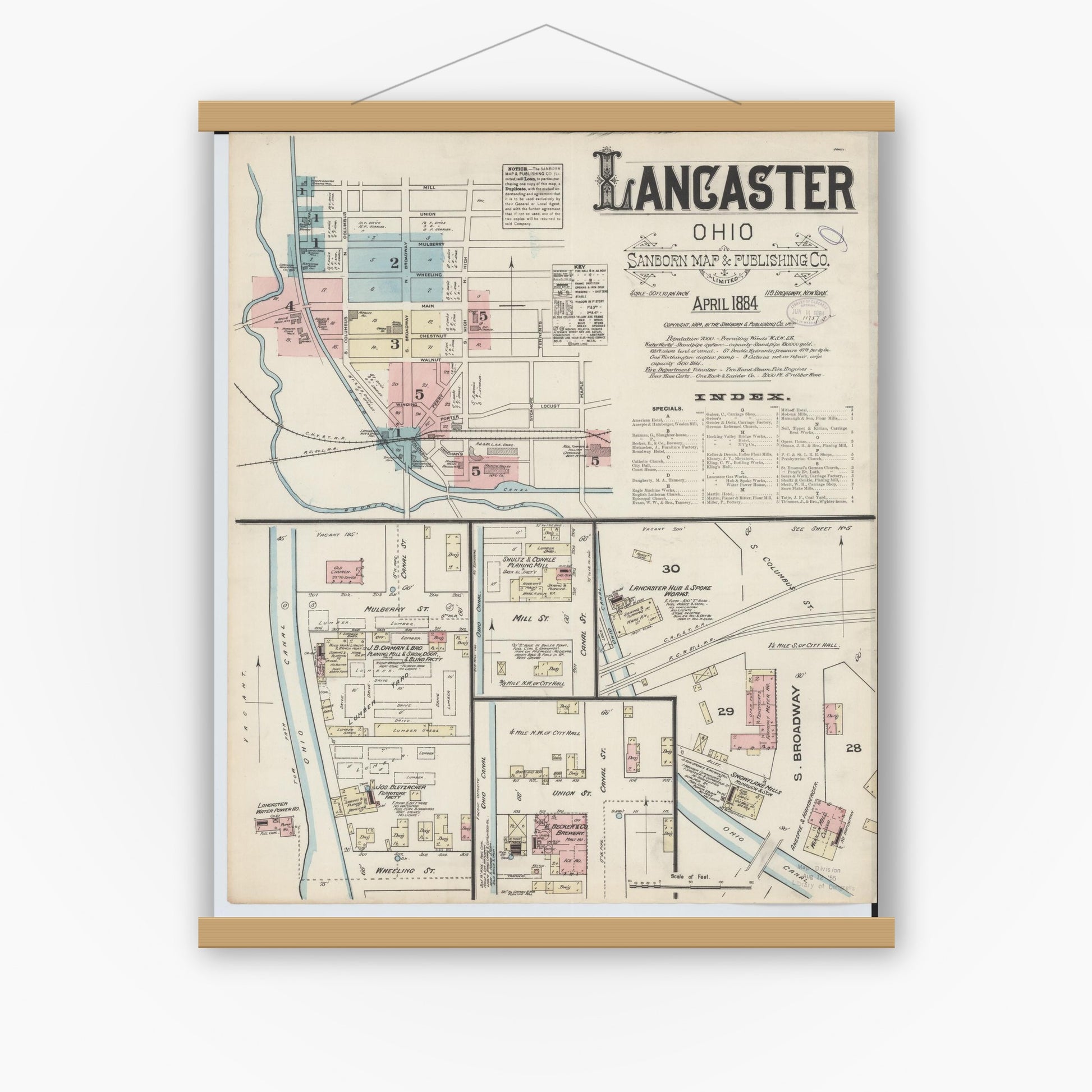 Old map wall art mockup — magnetic wood frame on white wall — Sanborn Fire Insurance Map from Lancaster, Fairfield County, Ohio (1884) - Complete Map Set