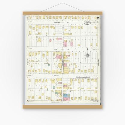 Old map wall art mockup — magnetic wood frame on white wall — Sanborn Fire Insurance Map from Sebring, Mahoning County, Ohio (1908), Sheet #0002