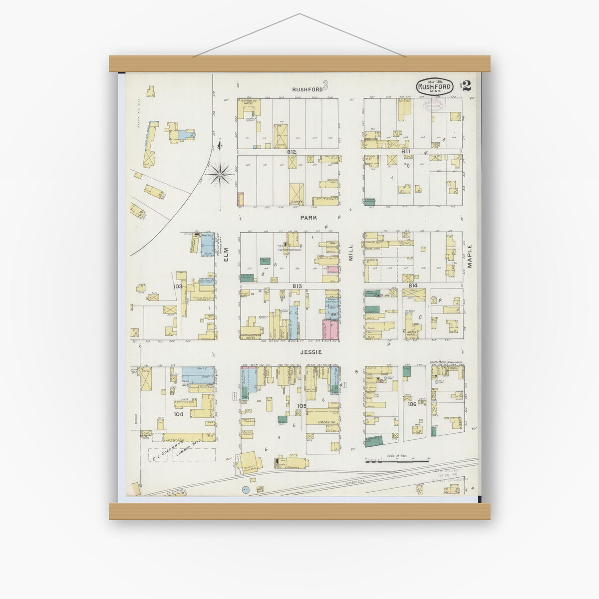 Old map wall art mockup — magnetic wood frame on white wall — Sanborn Fire Insurance Map from Rushford, Fillmore County, Minnesota (1894), Sheet #0002