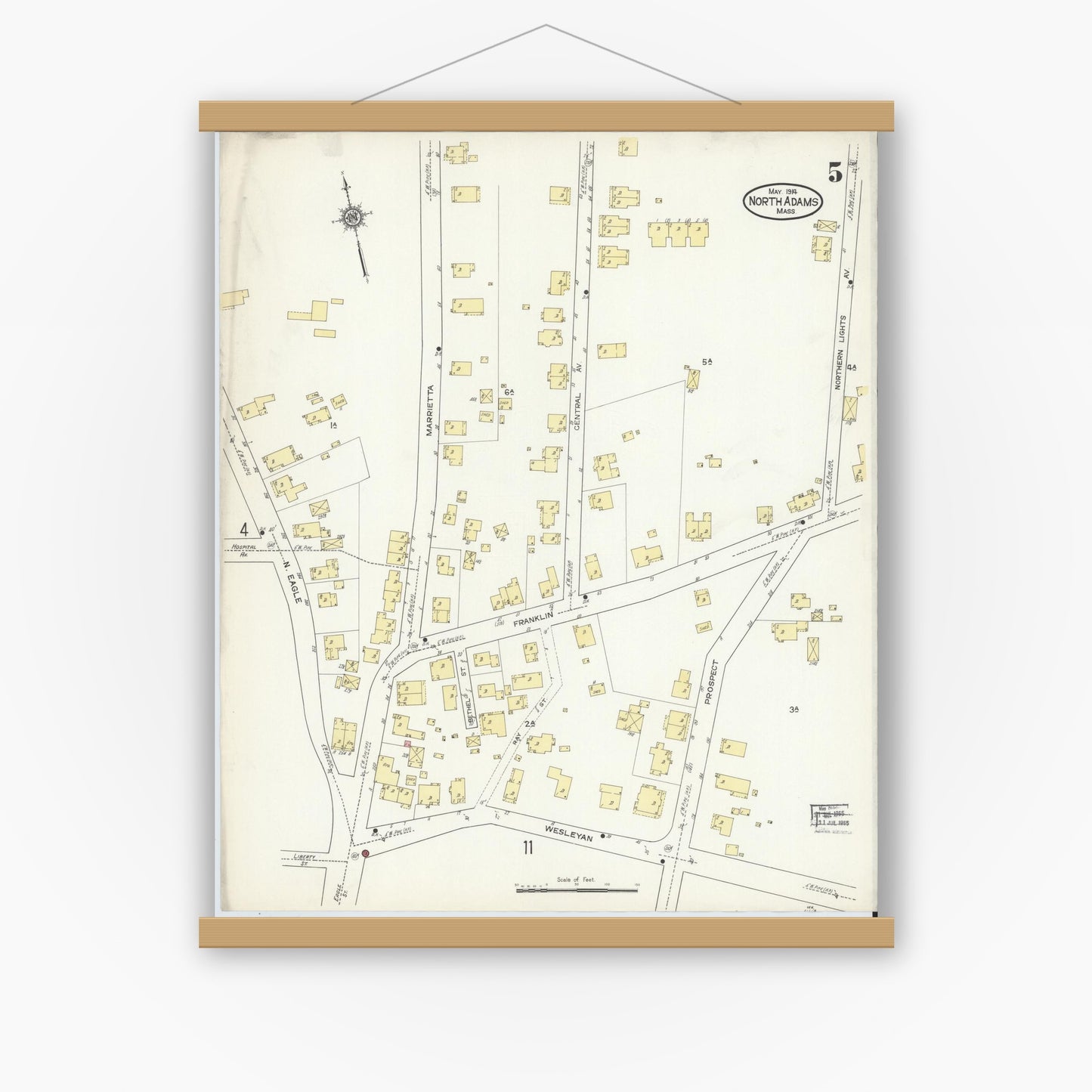 Old map wall art mockup — magnetic wood frame on white wall — Sanborn Fire Insurance Map from North Adams, Berkshire County, Massachusetts (1914), Sheet #0005