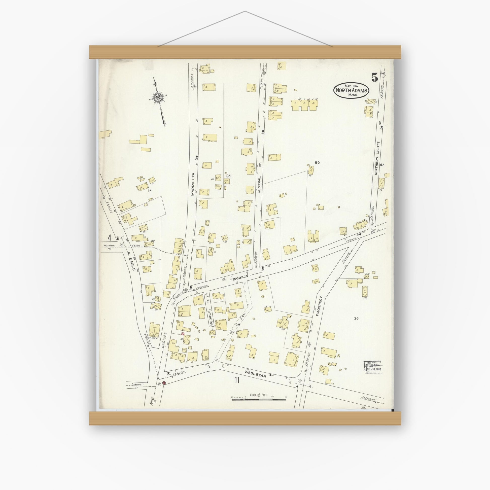 Old map wall art mockup — magnetic wood frame on white wall — Sanborn Fire Insurance Map from North Adams, Berkshire County, Massachusetts (1914), Sheet #0005