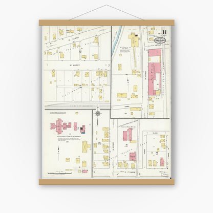 Old map wall art mockup — magnetic wood frame on white wall — Sanborn Fire Insurance Map from Warsaw, Kosciusko County, Indiana (1917), Sheet #0011