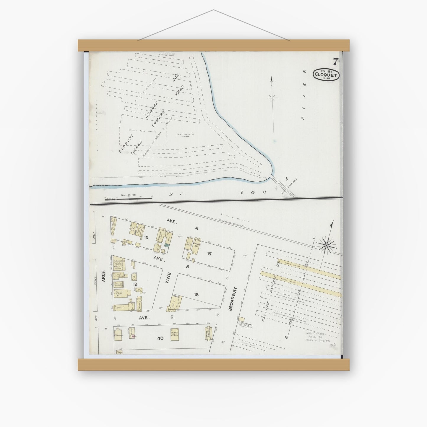 Old map wall art mockup — magnetic wood frame on white wall — Sanborn Fire Insurance Map from Cloquet, Carlton County, Minnesota (1888), Sheet #0007