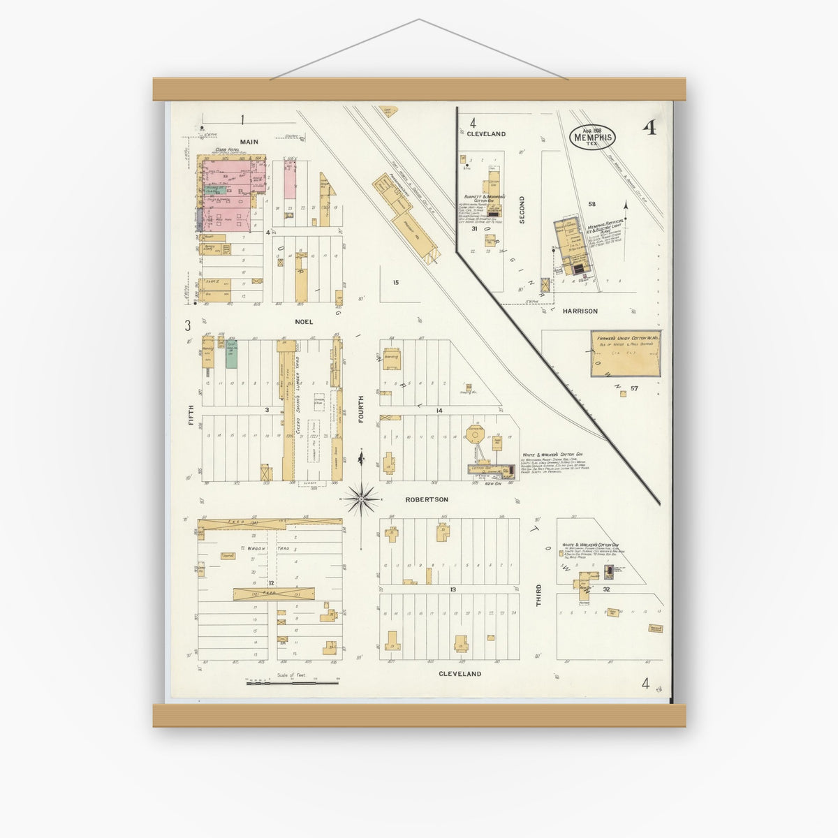 Old map wall art mockup — magnetic wood frame on white wall — Sanborn Fire Insurance Map from Memphis, Hall County, Texas (1908), Sheet #0004