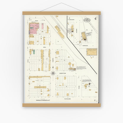 Old map wall art mockup — magnetic wood frame on white wall — Sanborn Fire Insurance Map from Memphis, Hall County, Texas (1908), Sheet #0004