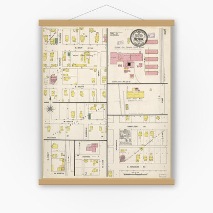 Old map wall art mockup — magnetic wood frame on white wall — Sanborn Fire Insurance Map from Arcadia, Hamilton County, Indiana (1909), Sheet #0001