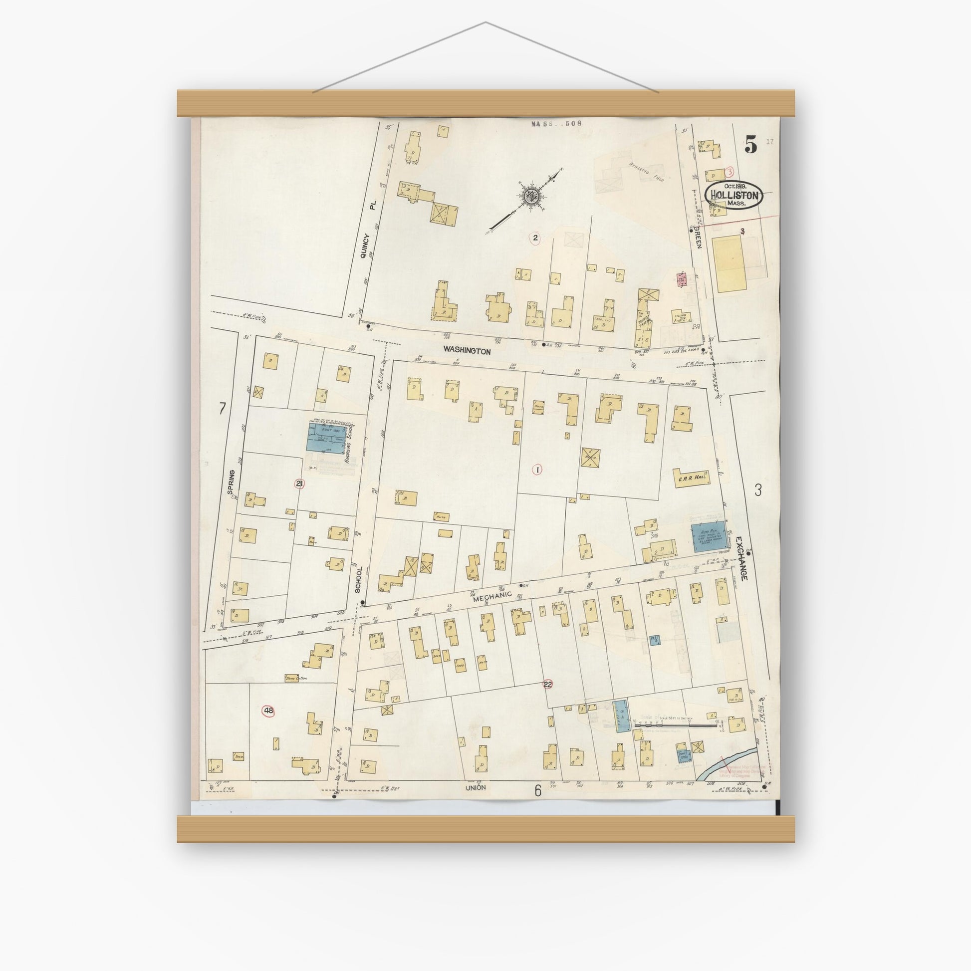 Old map wall art mockup — magnetic wood frame on white wall — Sanborn Fire Insurance Map from Holliston, Middlesex County, Massachusetts (1942), Sheet #0005