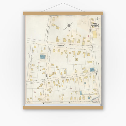 Old map wall art mockup — magnetic wood frame on white wall — Sanborn Fire Insurance Map from Holliston, Middlesex County, Massachusetts (1942), Sheet #0005