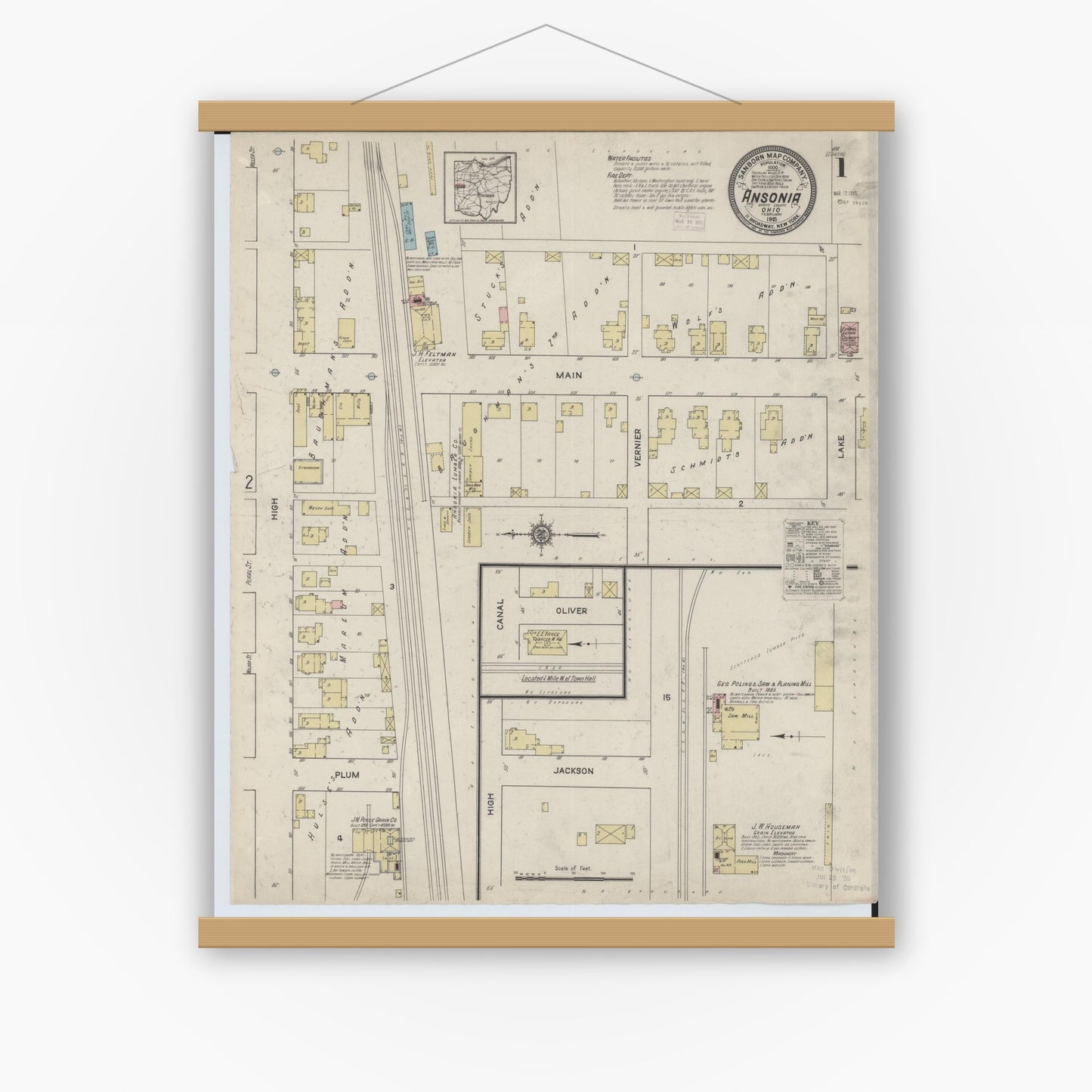 Old map wall art mockup — magnetic wood frame on white wall — Sanborn Fire Insurance Map from Ansonia, Darke County, Ohio (1915) - Complete Map Set
