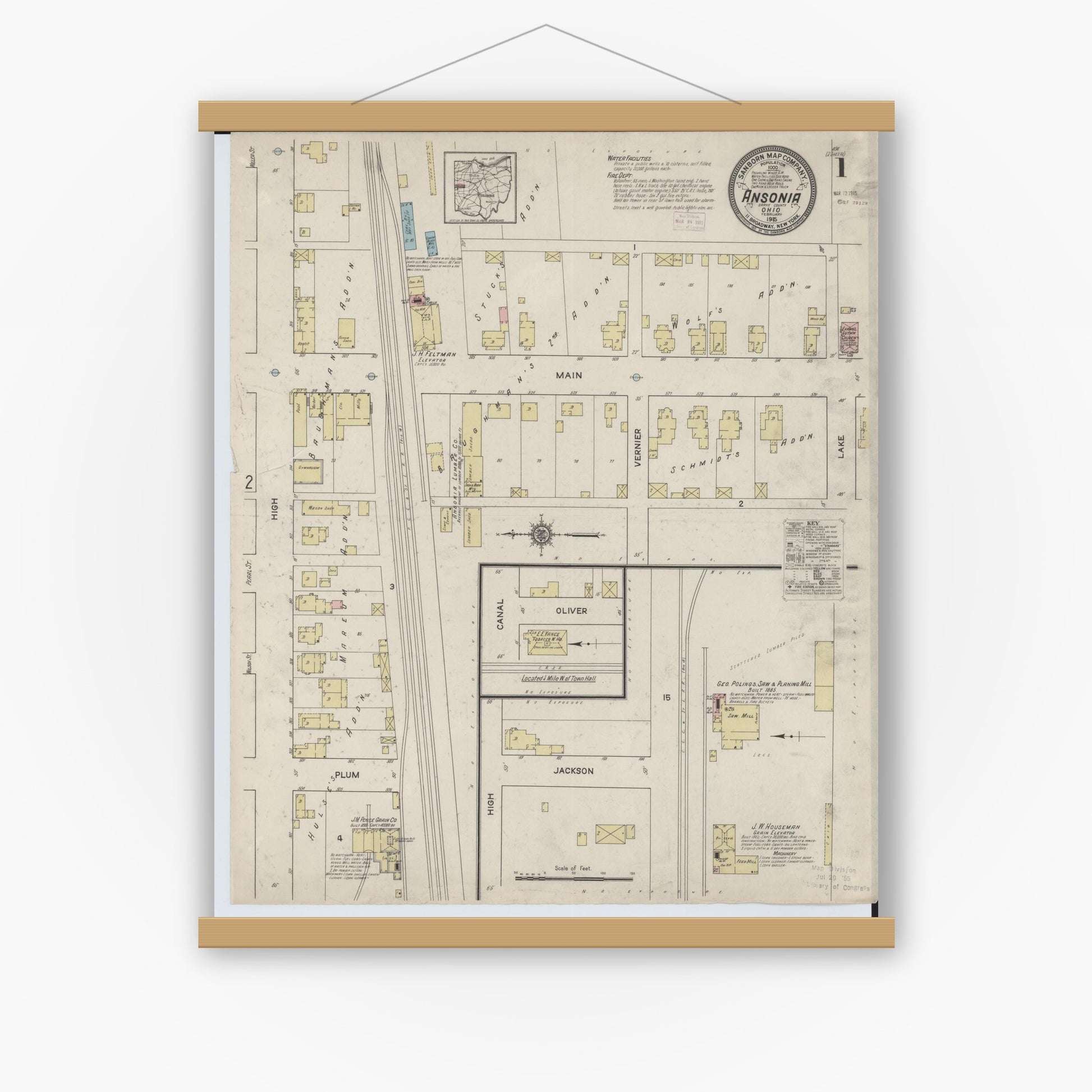Old map wall art mockup — magnetic wood frame on white wall — Sanborn Fire Insurance Map from Ansonia, Darke County, Ohio (1915) - Complete Map Set