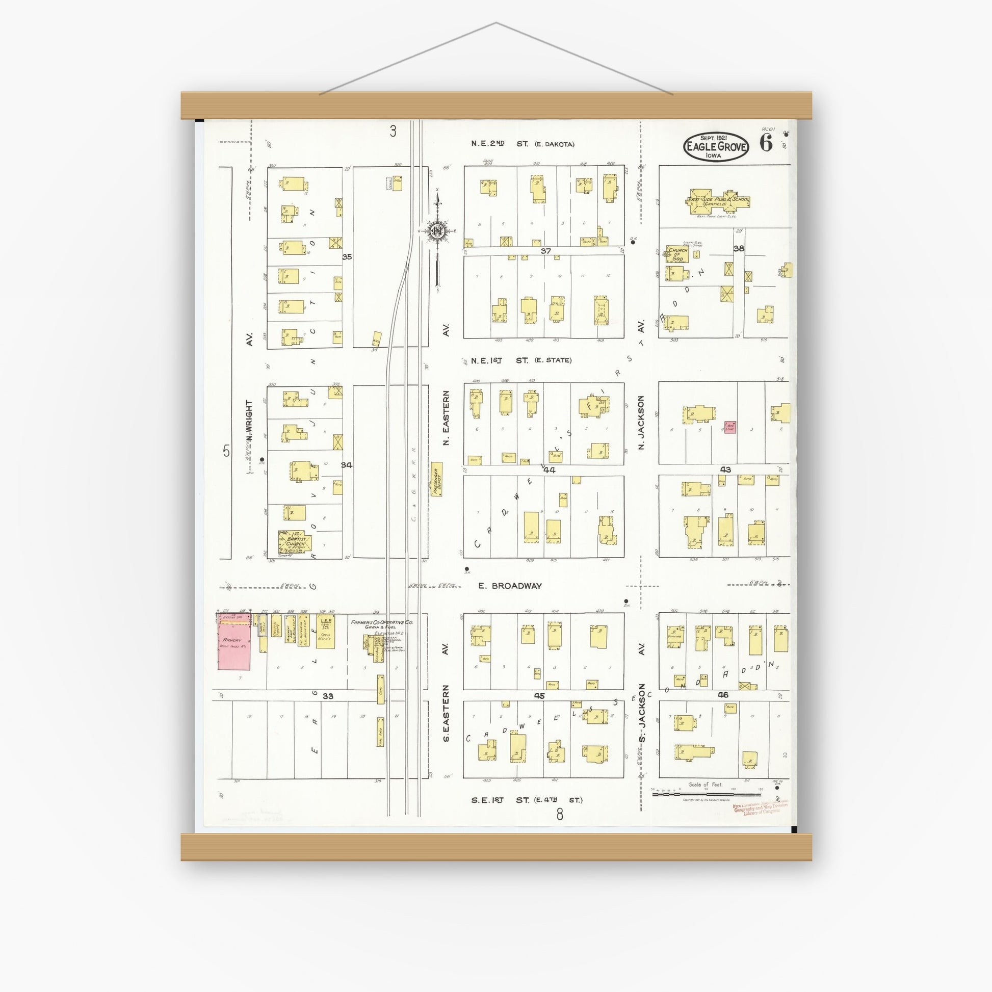 Old map wall art mockup — magnetic wood frame on white wall — Sanborn Fire Insurance Map from Eagle Grove, Wright County, Iowa (1921), Sheet #0006