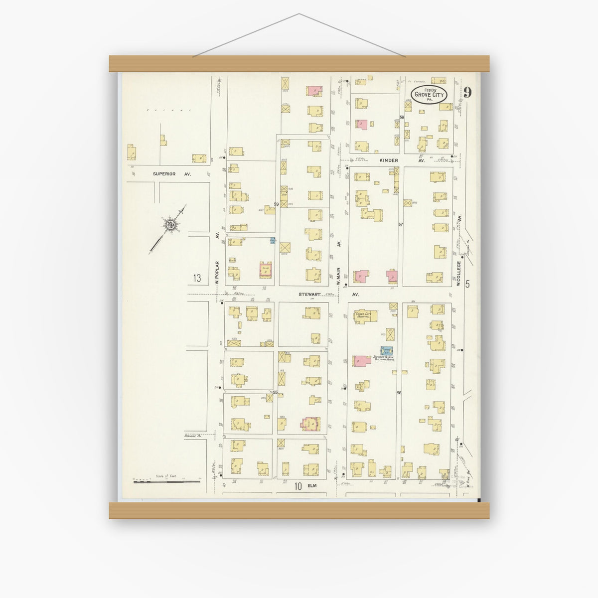 Old map wall art mockup — magnetic wood frame on white wall — Sanborn Fire Insurance Map from Grove City, Mercer County, Pennsylvania (1912), Sheet #0009
