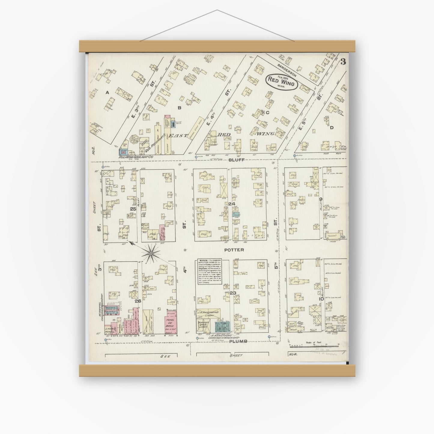 Old map wall art mockup — magnetic wood frame on white wall — Sanborn Fire Insurance Map from Red Wing, Goodhue County, Minnesota (1884), Sheet #0003
