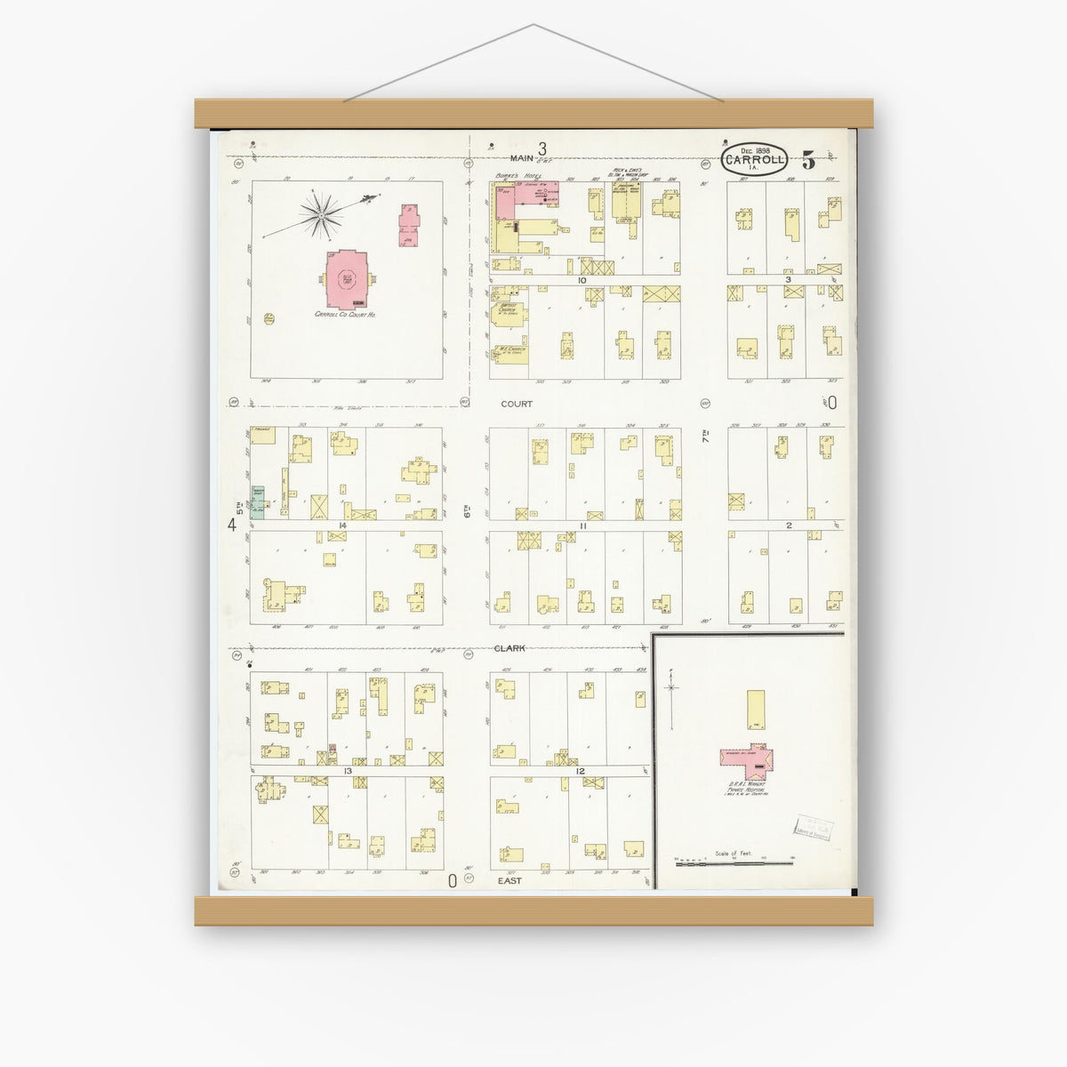 Old map wall art mockup — magnetic wood frame on white wall — Sanborn Fire Insurance Map from Carroll, Carroll County, Iowa (1898), Sheet #0005