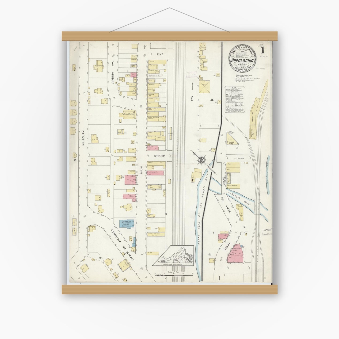 Old map wall art mockup — magnetic wood frame on white wall — Sanborn Fire Insurance Map from Appalachia, Wise County, Virginia (1913) - Complete Map Set