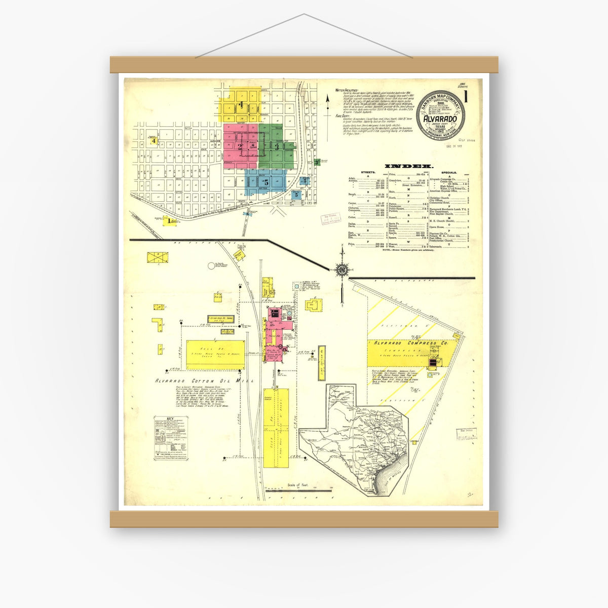 Old map wall art mockup — magnetic wood frame on white wall — Sanborn Fire Insurance Map from Alvarado, Johnson County, Texas (1912), Sheet #0001