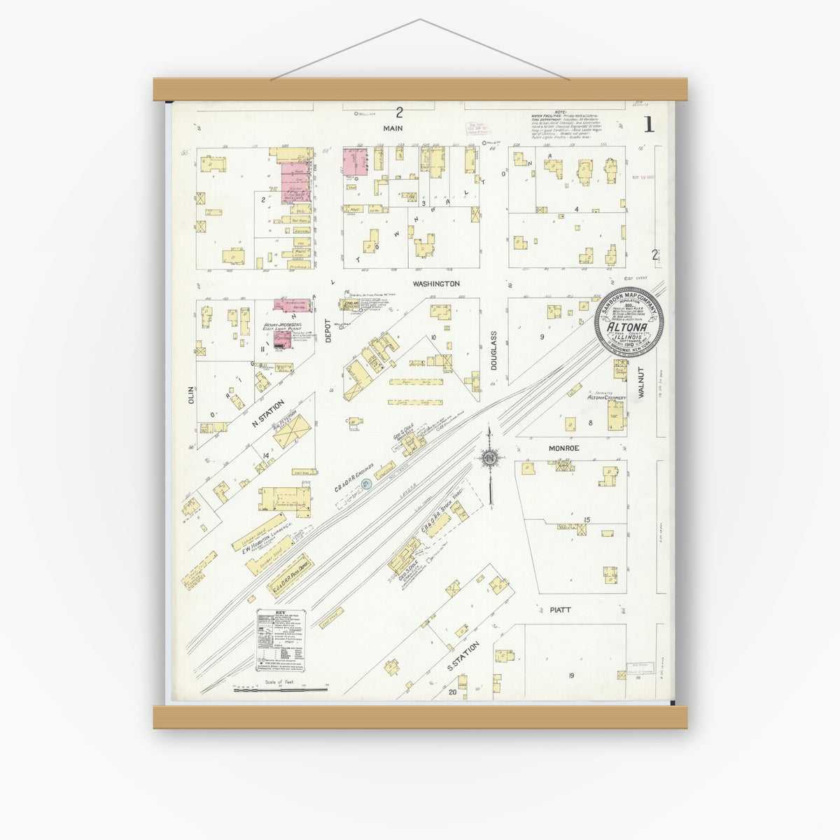 Old map wall art mockup — magnetic wood frame on white wall — Sanborn Fire Insurance Map from Altona, Knox County, Illinois (1910) - Complete Map Set