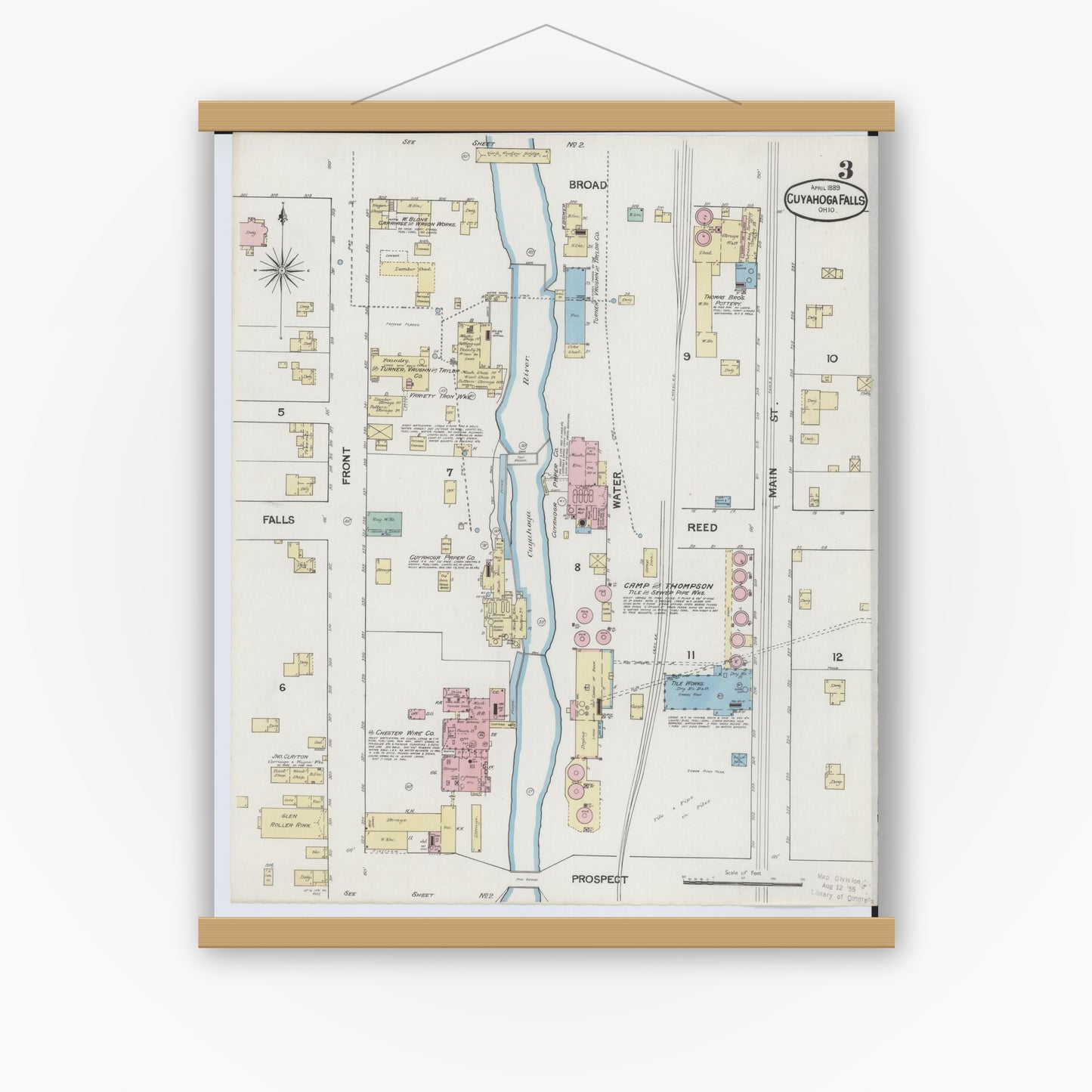 Old map wall art mockup — magnetic wood frame on white wall — Sanborn Fire Insurance Map from Cuyahoga Falls, Summit County, Ohio (1889), Sheet #0003
