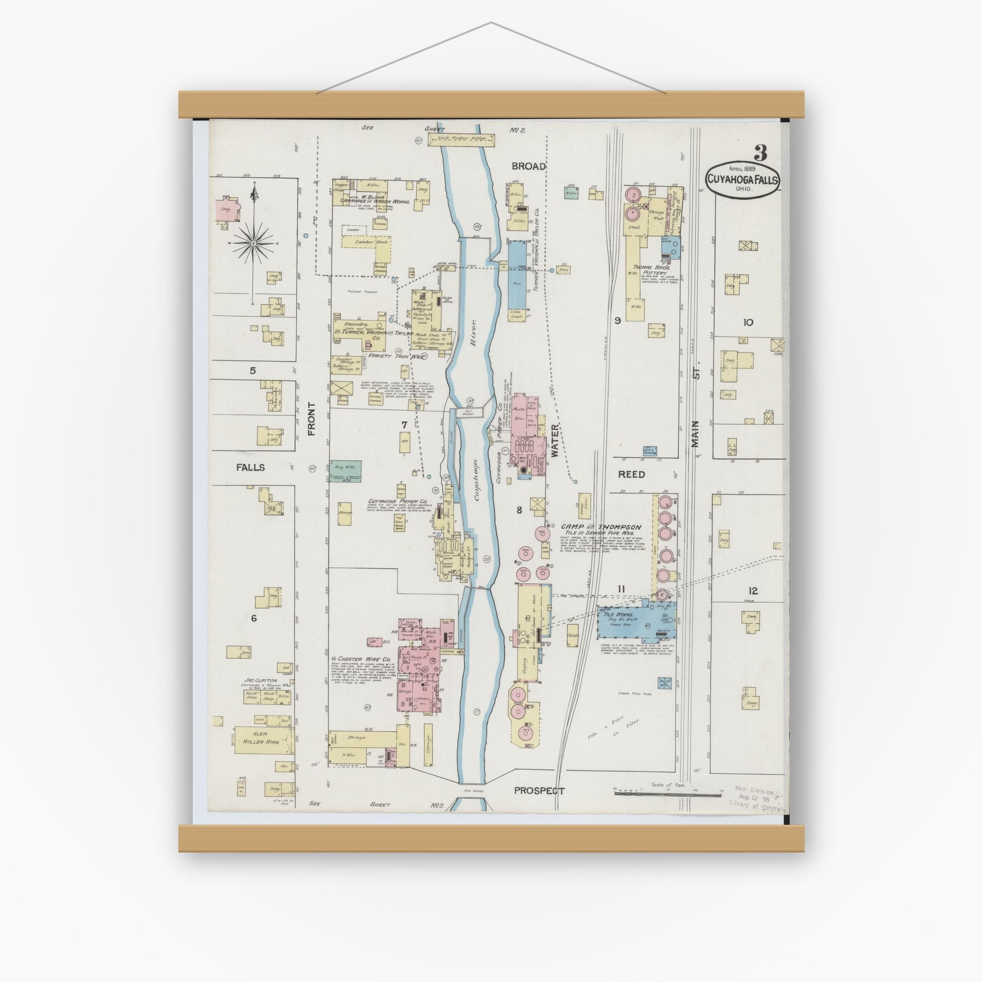 Old map wall art mockup — magnetic wood frame on white wall — Sanborn Fire Insurance Map from Cuyahoga Falls, Summit County, Ohio (1889), Sheet #0003