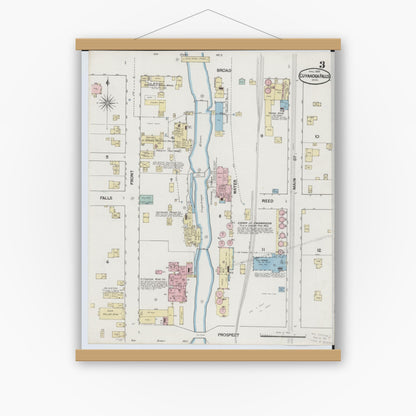 Old map wall art mockup — magnetic wood frame on white wall — Sanborn Fire Insurance Map from Cuyahoga Falls, Summit County, Ohio (1889), Sheet #0003