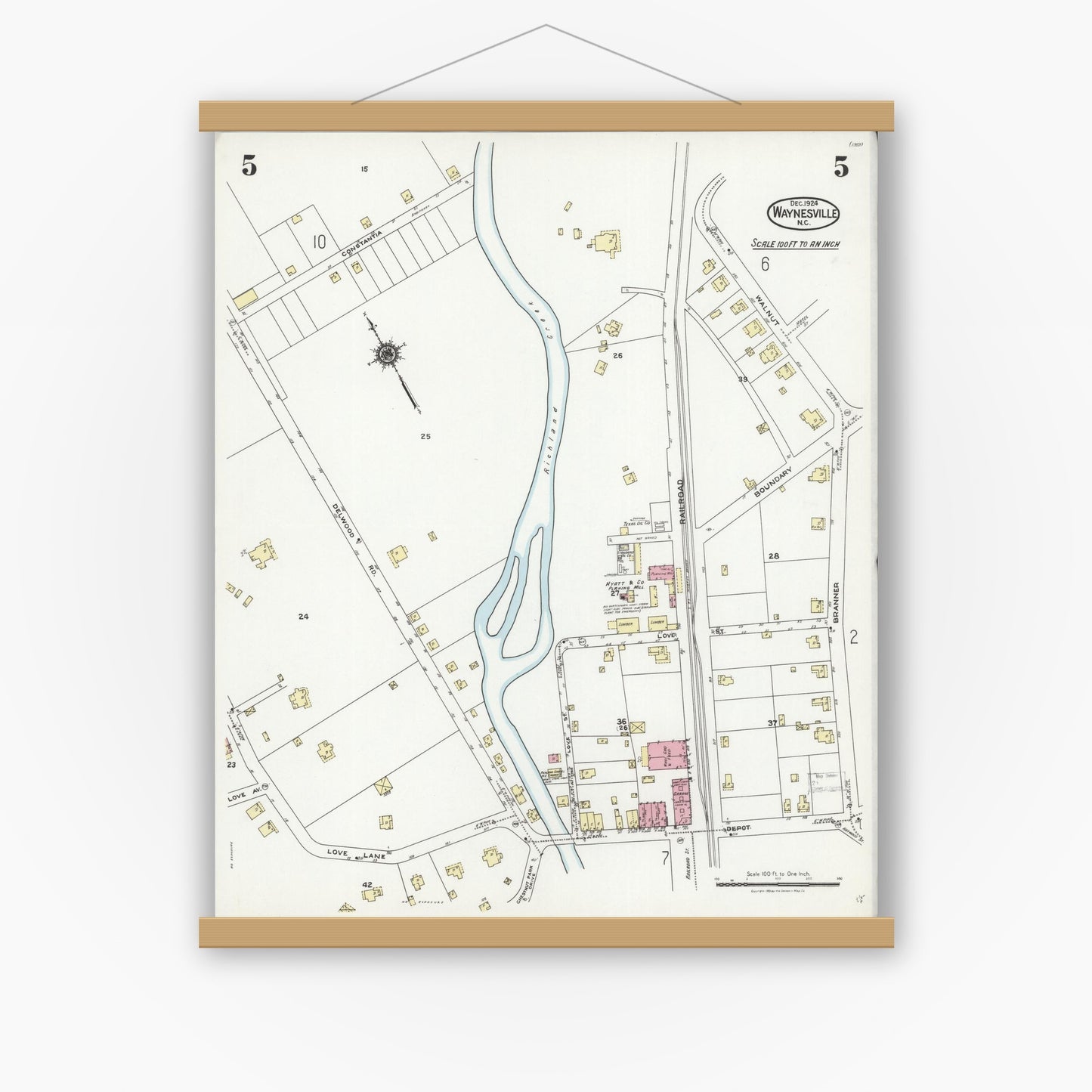 Old map wall art mockup — magnetic wood frame on white wall — Sanborn Fire Insurance Map from Waynesville, Haywood County, North Carolina (1924), Sheet #0005