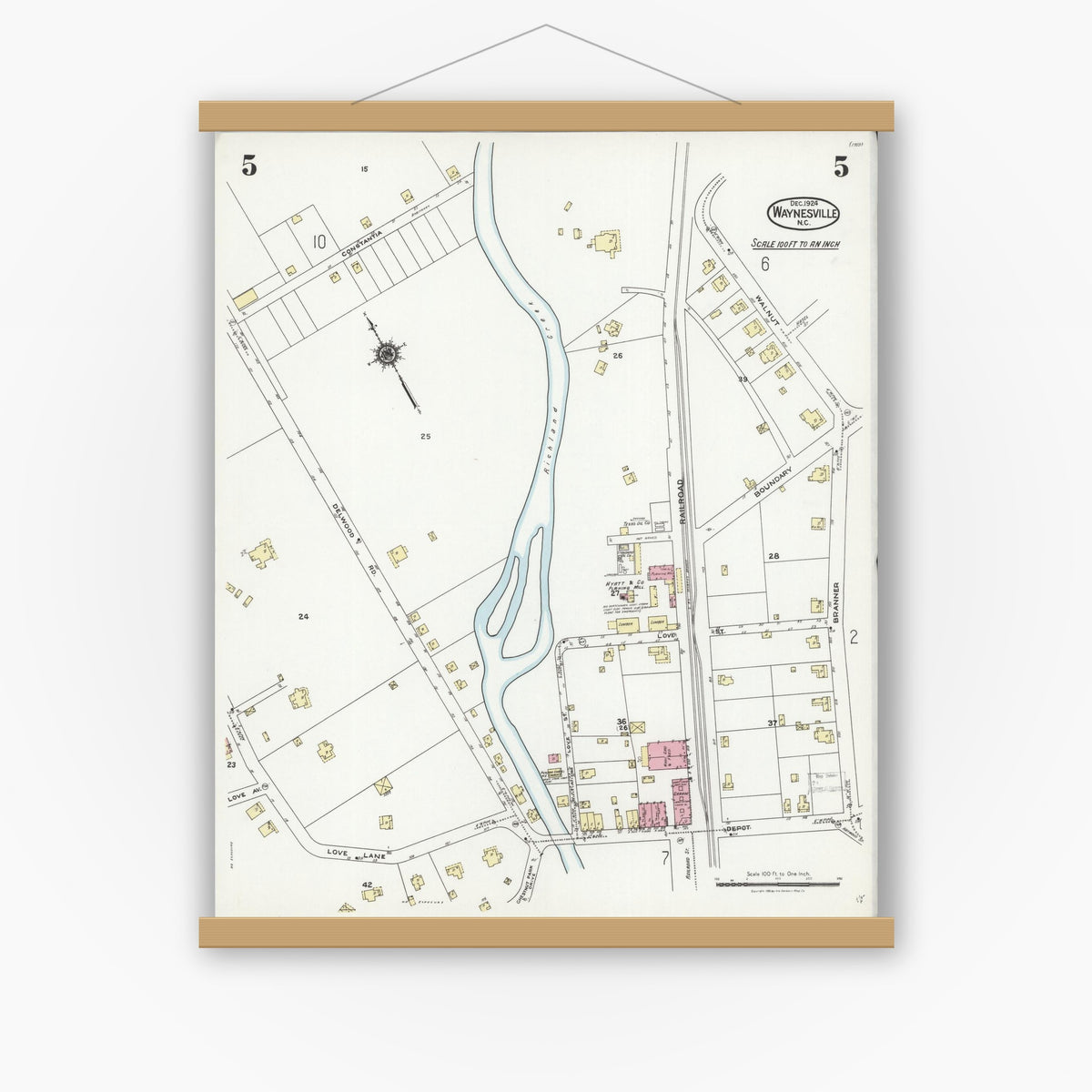 Old map wall art mockup — magnetic wood frame on white wall — Sanborn Fire Insurance Map from Waynesville, Haywood County, North Carolina (1924), Sheet #0005