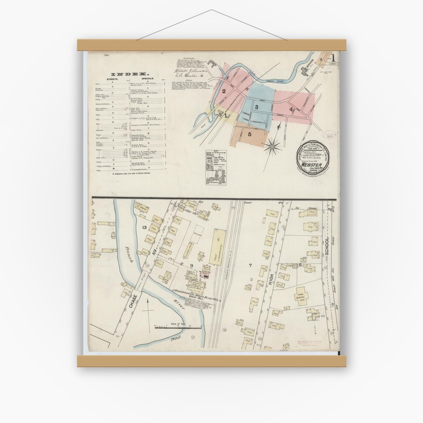 Old map wall art mockup — magnetic wood frame on white wall — Sanborn Fire Insurance Map from Webster, Worcester County, Massachusetts (1888), Sheet #0001