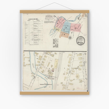 Old map wall art mockup — magnetic wood frame on white wall — Sanborn Fire Insurance Map from Webster, Worcester County, Massachusetts (1888), Sheet #0001