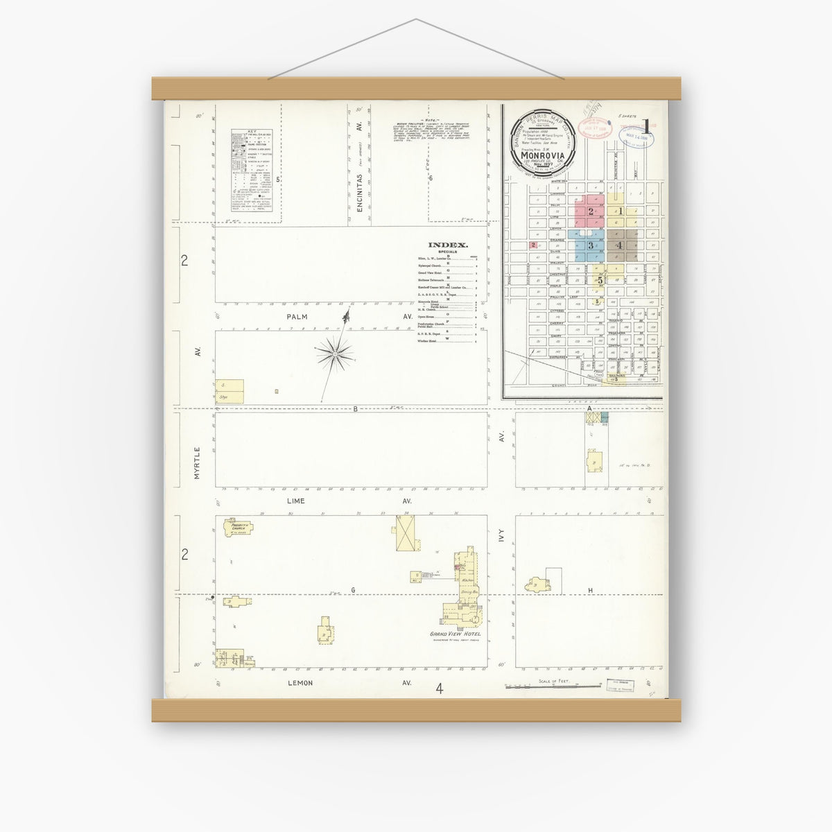 Old map wall art mockup — magnetic wood frame on white wall — Sanborn Fire Insurance Map from Monrovia, Los Angeles County, California (1897), Sheet #0001