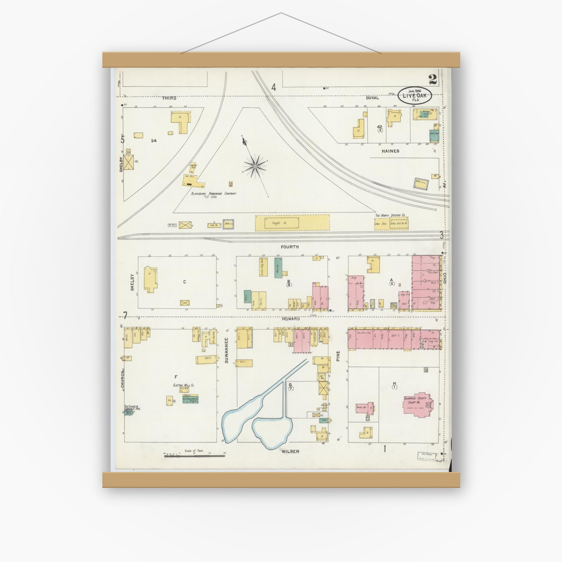 Old map wall art mockup — magnetic wood frame on white wall — Sanborn Fire Insurance Map from Live Oak, Suwanee County, Florida (1906), Sheet #0002
