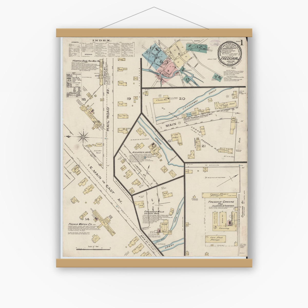 Old map wall art mockup — magnetic wood frame on white wall — Sanborn Fire Insurance Map from Fredonia, Chautauqua County, New York (1886), Sheet #0001