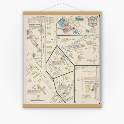 Old map wall art mockup — magnetic wood frame on white wall — Sanborn Fire Insurance Map from Fredonia, Chautauqua County, New York (1886), Sheet #0001