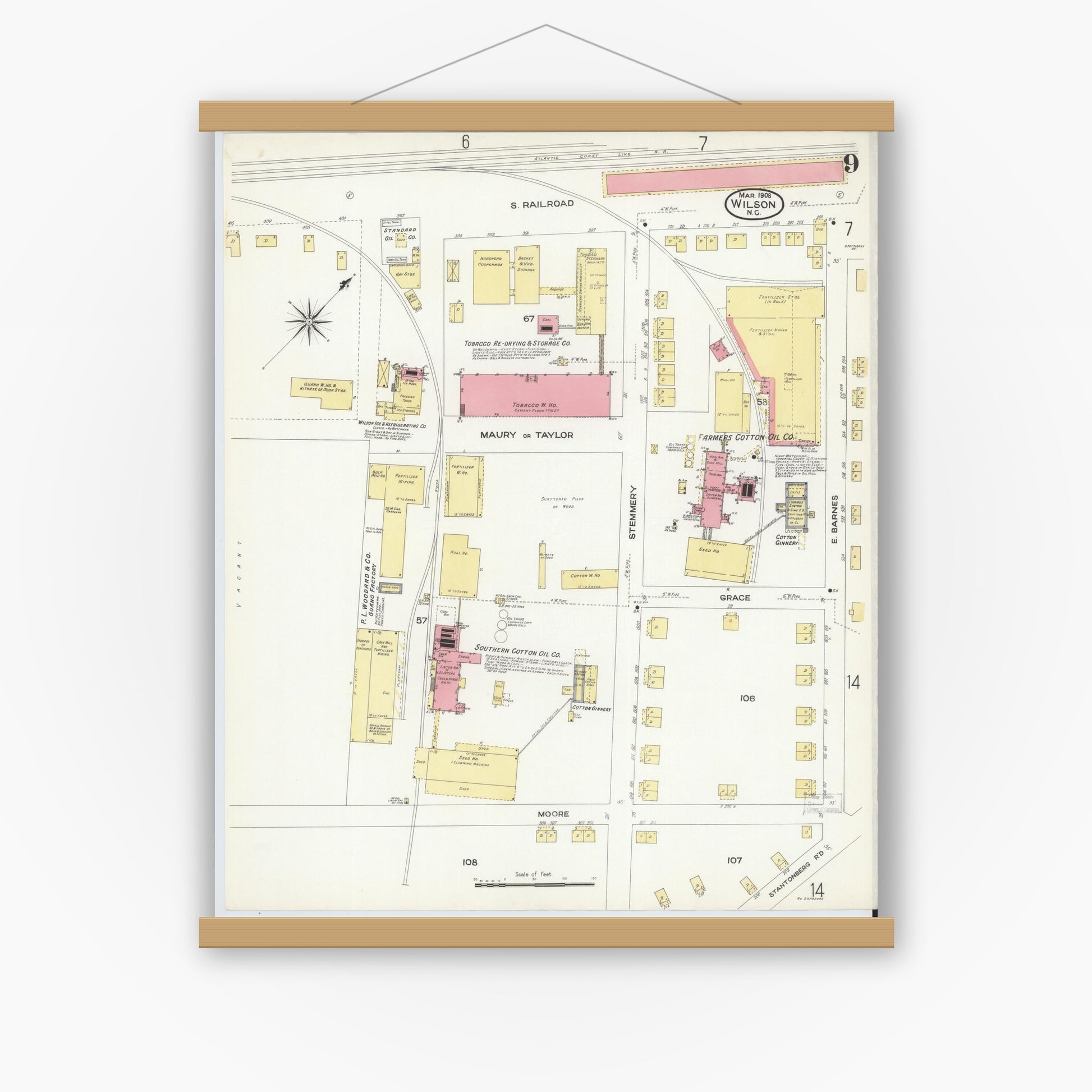 Old map wall art mockup — magnetic wood frame on white wall — Sanborn Fire Insurance Map from Wilson, Wilson County, North Carolina (1908), Sheet #0009