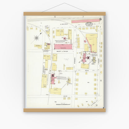 Old map wall art mockup — magnetic wood frame on white wall — Sanborn Fire Insurance Map from Wilson, Wilson County, North Carolina (1908), Sheet #0009