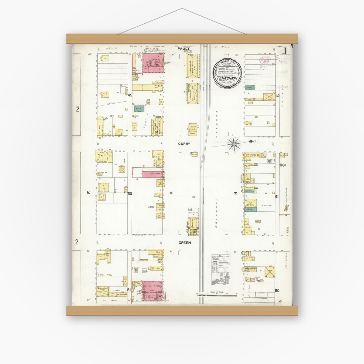 Old map wall art mockup — magnetic wood frame on white wall — Sanborn Fire Insurance Map from Tehachapi, Kern County, California (1896) - Complete Map Set