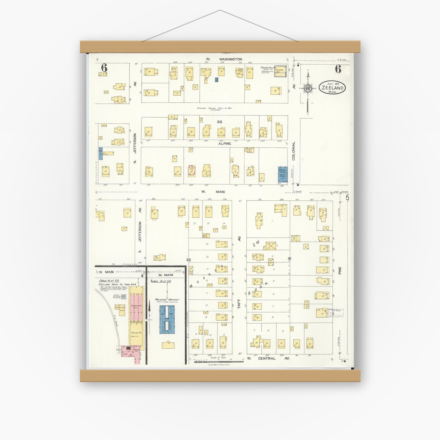 Old map wall art mockup — magnetic wood frame on white wall — Sanborn Fire Insurance Map from Zeeland, Ottawa County, Michigan (1923), Sheet #0006