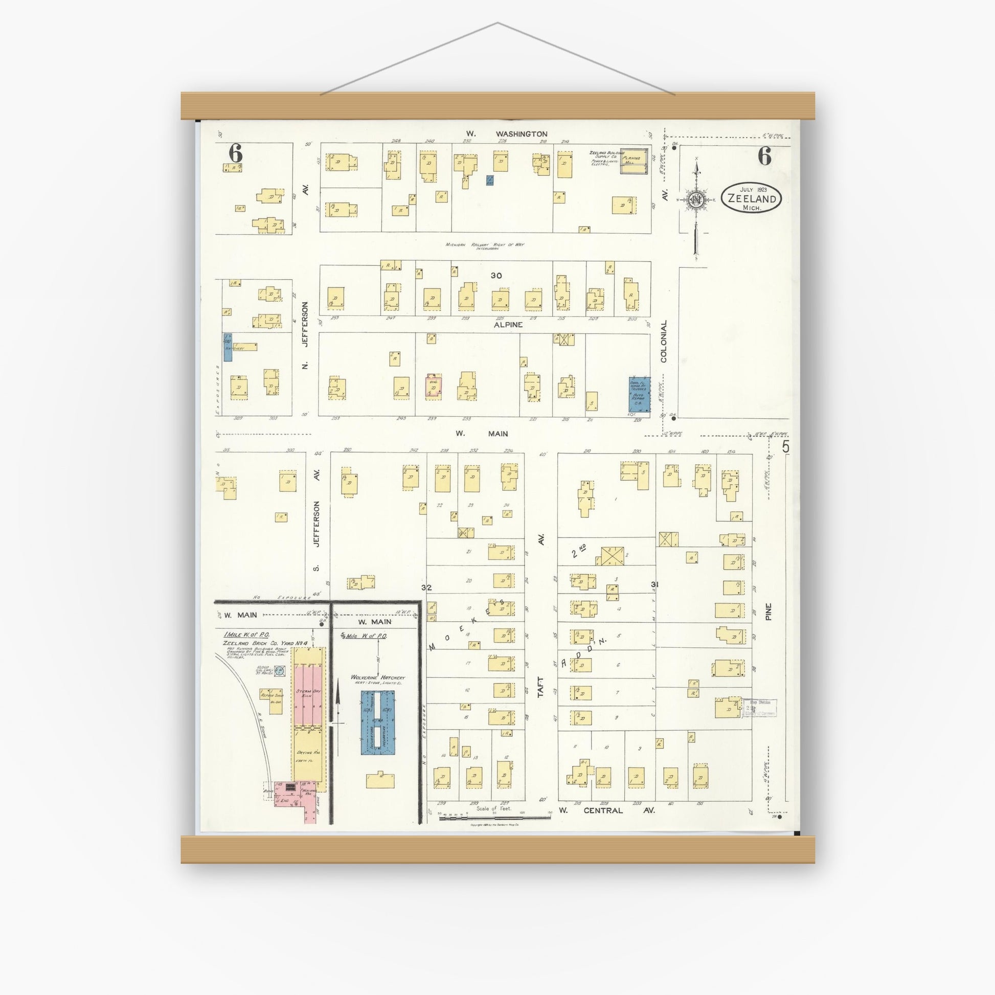 Old map wall art mockup — magnetic wood frame on white wall — Sanborn Fire Insurance Map from Zeeland, Ottawa County, Michigan (1923), Sheet #0006