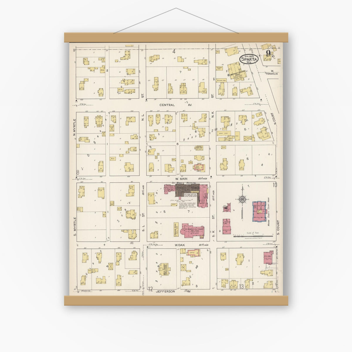 Old map wall art mockup — magnetic wood frame on white wall — Sanborn Fire Insurance Map from Sparta, Monroe County, Wisconsin (1922), Sheet #0009