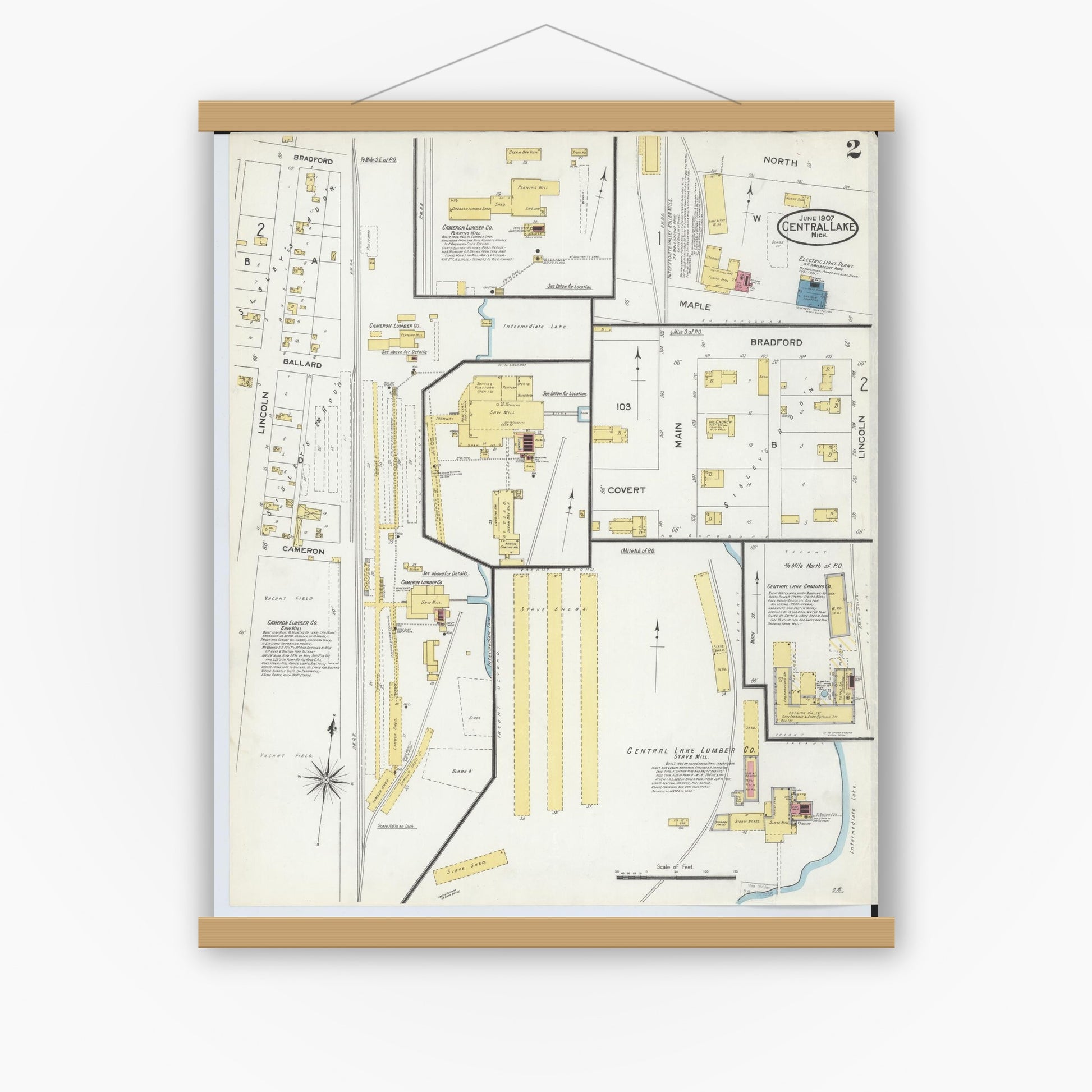 Old map wall art mockup — magnetic wood frame on white wall — Sanborn Fire Insurance Map from Central Lake, Antrim County, Michigan (1907), Sheet #0002
