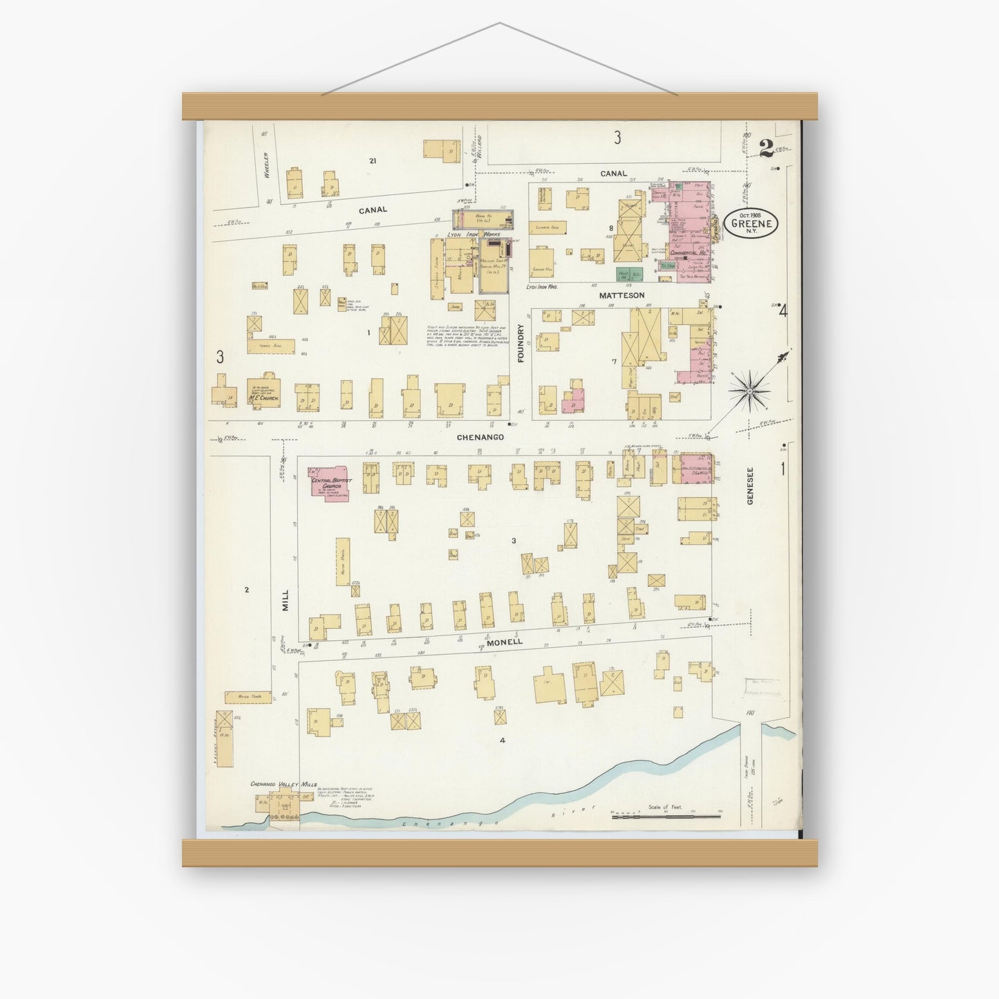 Old map wall art mockup — magnetic wood frame on white wall — Sanborn Fire Insurance Map from Greene, Chenango County, New York (1908), Sheet #0002