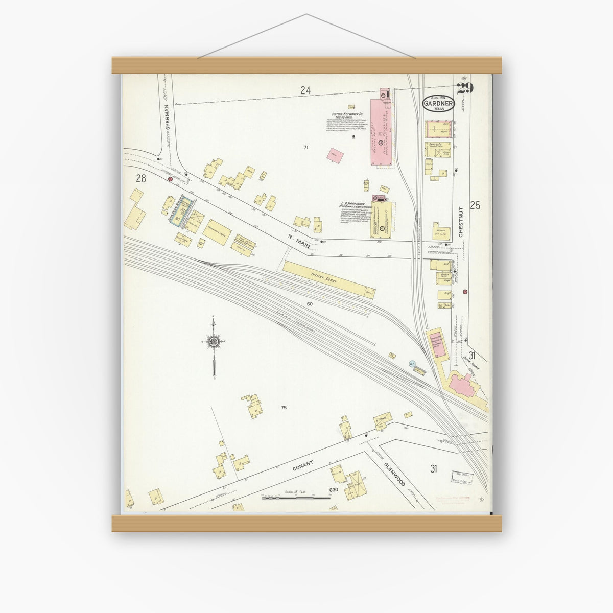 Old map wall art mockup — magnetic wood frame on white wall — Sanborn Fire Insurance Map from Gardner, Worcester County, Massachusetts (1914), Sheet #0029
