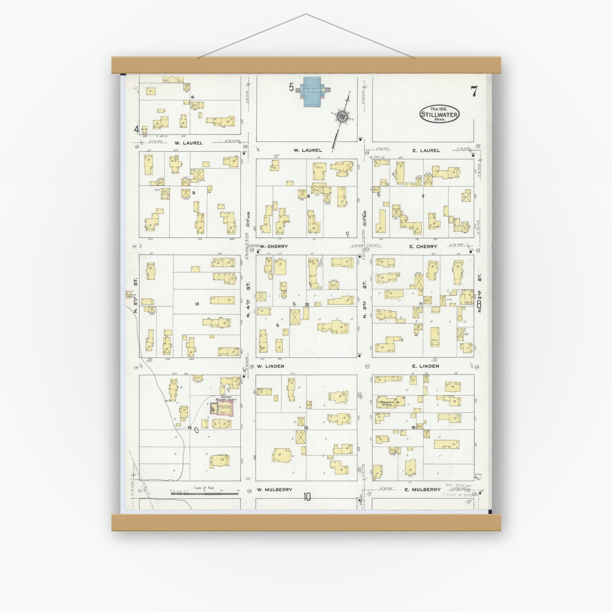 Old map wall art mockup — magnetic wood frame on white wall — Sanborn Fire Insurance Map from Stillwater, Washington County, Minnesota (1910), Sheet #0007