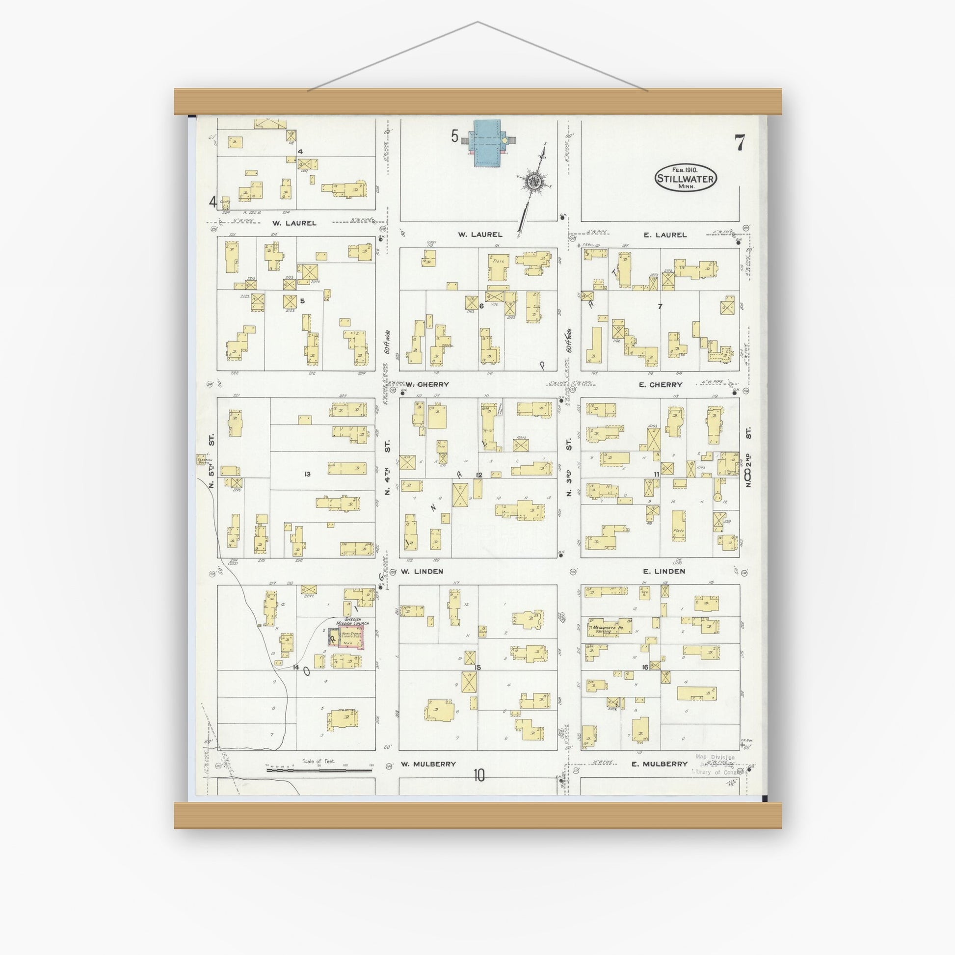 Old map wall art mockup — magnetic wood frame on white wall — Sanborn Fire Insurance Map from Stillwater, Washington County, Minnesota (1910), Sheet #0007