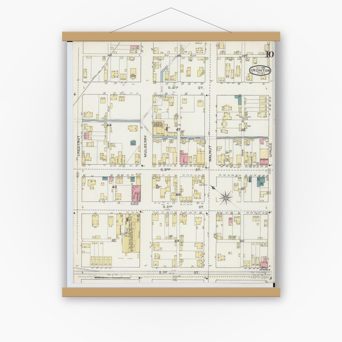 Old map wall art mockup — magnetic wood frame on white wall — Sanborn Fire Insurance Map from Ironton, Lawrence County, Ohio (1893), Sheet #0010