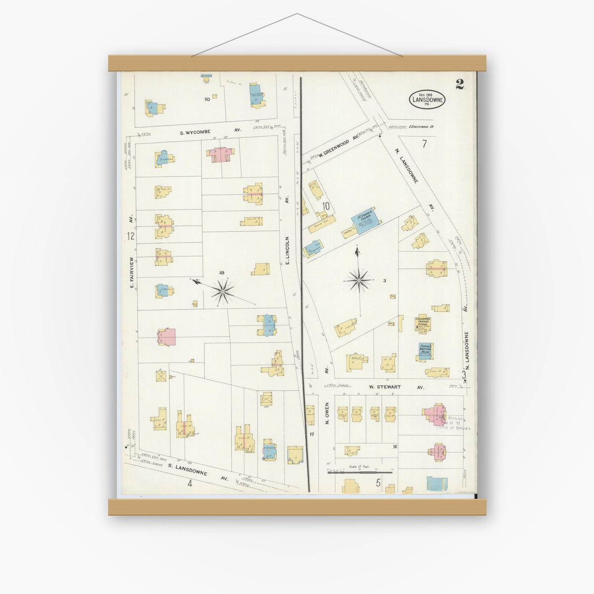 Old map wall art mockup — magnetic wood frame on white wall — Sanborn Fire Insurance Map from Lansdowne, Delaware County, Pennsylvania (1908), Sheet #0002