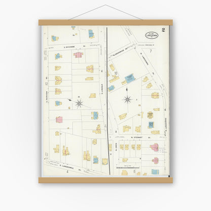 Old map wall art mockup — magnetic wood frame on white wall — Sanborn Fire Insurance Map from Lansdowne, Delaware County, Pennsylvania (1908), Sheet #0002
